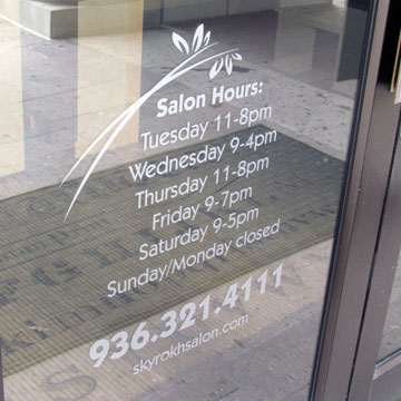 Glass door  viyl lettering for windows, with vinyl store hours